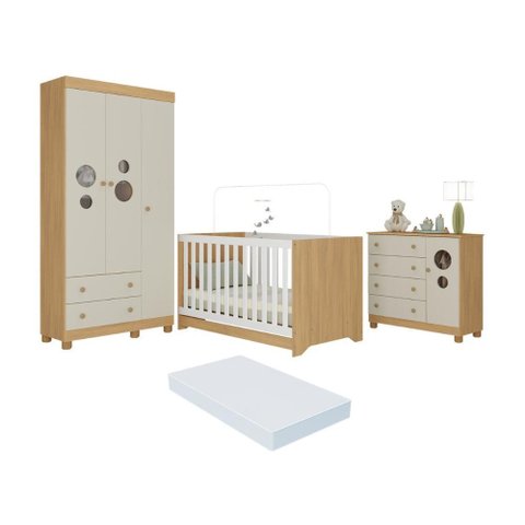 Quarto de Bebê Completo Berço Americano 3 em 1 Colchão Bombom Multimóveis Mp4638 Madeirado/off