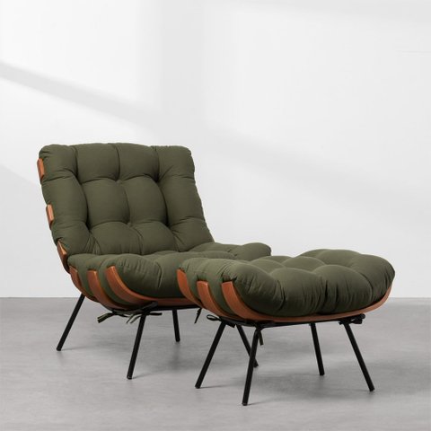 Poltrona e Puff Costela Slim Sarja - Verde Oliva Abra Cadabra