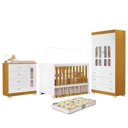 Dormitório Infantil New Katatau Guarda Roupa, Cômoda e Berço Branco Fosco/savana com Colchão - 1