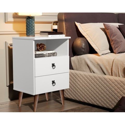 Mesa de Cabeceira Retrô com 2 Gavetas e Nicho Madri:branco