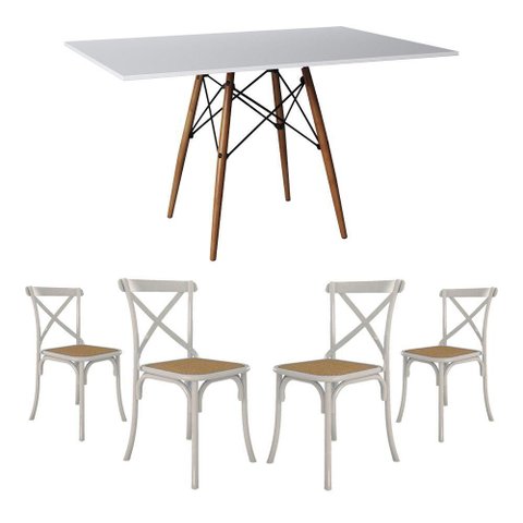 Conjunto de Mesa Eiffel Retangular Tampo de Madeira 120x75cm Branco com 4 Cadeiras Katrina Branca