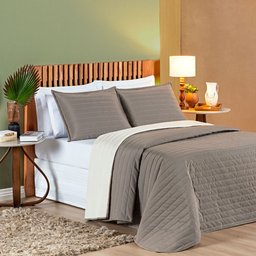 Kit Cobre Leito Colcha Double King Dupla Face Micropercal 200 Fios 3 Peças - Cáqui e Palha Casa Scar - 1