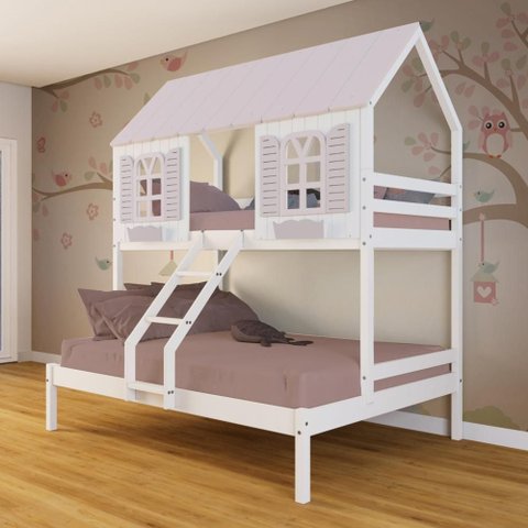 Beliche Casal/ Solteiro Casinha Bela - Madeira Maciça Branco/rosa | Megamobilia