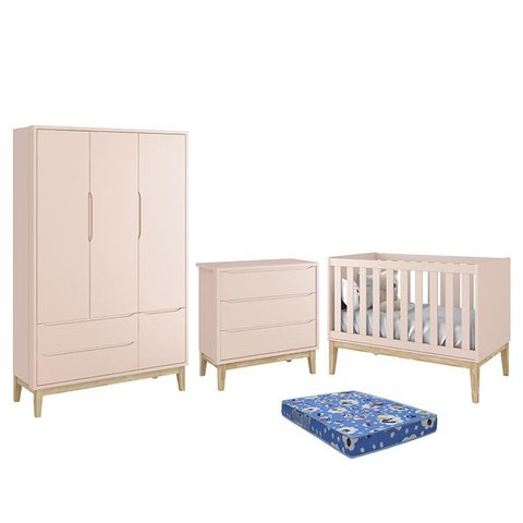 Dormitório Infantil Classic 3 Portas, Cômoda 3 Gavetas, Berço Rosa Fosco com Pés Madeira Natural e C