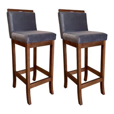 Kit 2 Banquetas Alta Estofada para Cozinha Gourmet 38 x 102 Cm Turim Madeira Maciça Suede Cinza CCS