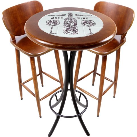 Conjunto Mesa Madeira Azulejo 60cm - Bistrô Fixa 98cm + 2 Banquetas 73 - Natural - More Wine