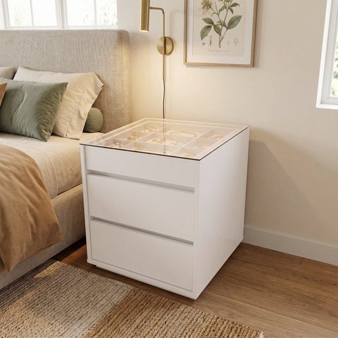 Mesa de Cabeceira 3 Gavetas com Organizador Tampo Vidro Belize Branco