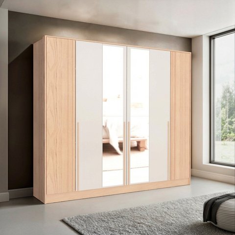 Guarda-Roupa Casal 6 Portas com Espelho Marseille Bege/Carvalho Nature/Off White