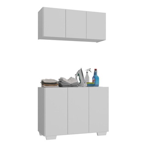 Conjunto Lavanderia Multiuso Armário Aéreo e Balcão 3 Portas Multimóveis Mp5051 Branco