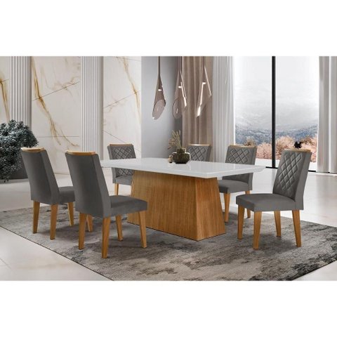 Conjunto: Mesa de Cozinha Luna C/ Tampo de Vidro Canto Curvo 180x90cm e 6 Cadeiras Jade Imbuia/off