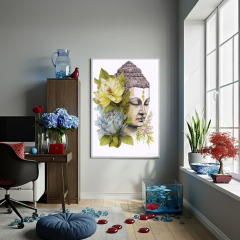 Quadro Aquarela Buda com Flores - 70x50cm:moldura Preta