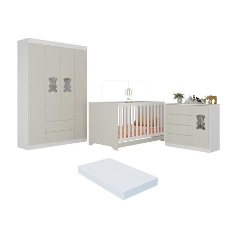 Quarto de Bebê Completo com Berço Americano 3 em 1 Colchão Teddy Multimóveis Mp4660 Branco/off