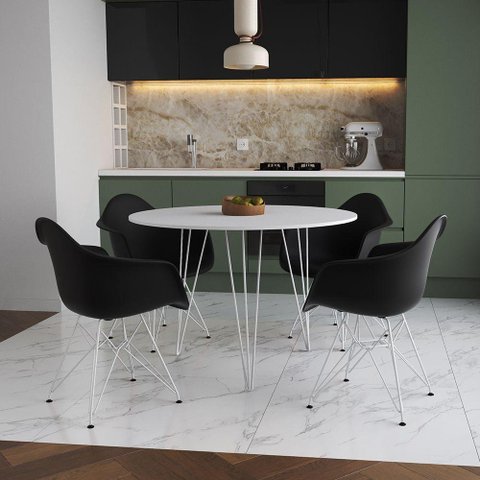 Mesa Jantar Redonda 110cm Branca Clips 3 Pés com 4 Poltronas Pretas Ferro Branco - Cor: Branco