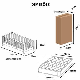 Cama Solteirão Base Montessoriana Madeira Maciça Pinus - Verniz Incolor - Grade Cercadinho Completa - 2