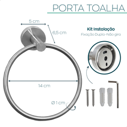 Porta Toalha Toalheiro Argola Inox Escovado Suporte Toalha de Rosto Mãos De Parede Redondo Acessório - 4