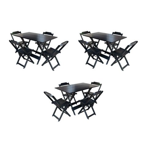 Kit 3 Jogos De Mesa Dobravel Com 4 Cadeiras De Madeira 120X70 Para Restaurante E Bar - Preto