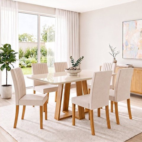 Conjunto Sala de Jantar Mesa Lisa 160cm com Tampo MDF e Vidro Canto Arrredondado 6 Cadeiras Lily