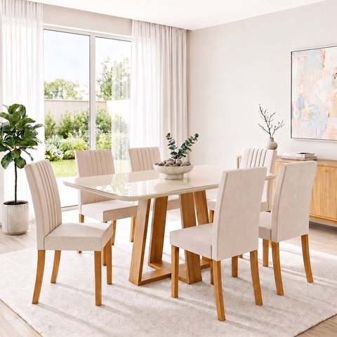 Conjunto Sala de Jantar Mesa Lisa 160cm com Tampo MDF e Vidro Canto Arrredondado 6 Cadeiras Lily