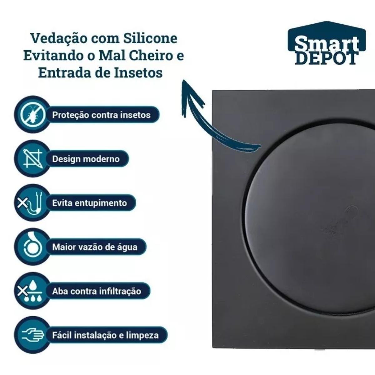 Ralo Click Quadrado Preto Fosco 10x10cm Smart Depot - 4