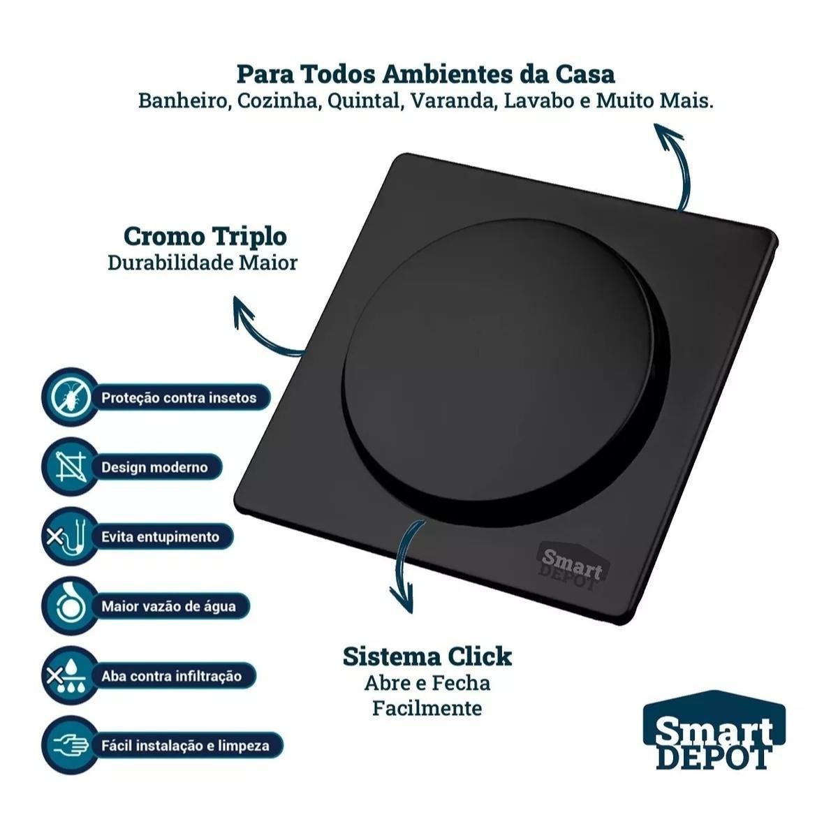 Ralo Click Quadrado Preto Fosco 10x10cm Smart Depot - 3