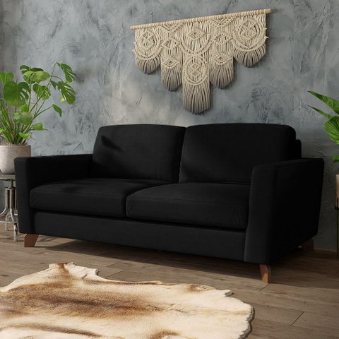 Sofá Sala de Estar Living 3 Lugares 220cm Presley Pés Madeira Veludo Preto G52 - Gran Belo