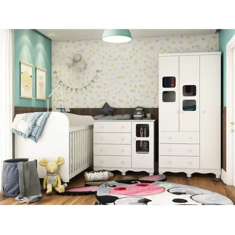 Quarto de Bebê Cômoda Guarda-Roupa com Janela e Berço 100% MDF Mimo Espresso Móveis Branco Brilho