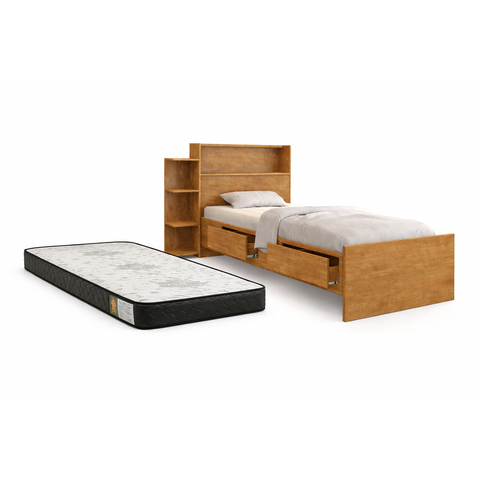 Cama Solteiro com Baú Gavetas e Prateleiras Multifuncional para Organização do Quarto e Colchão D33