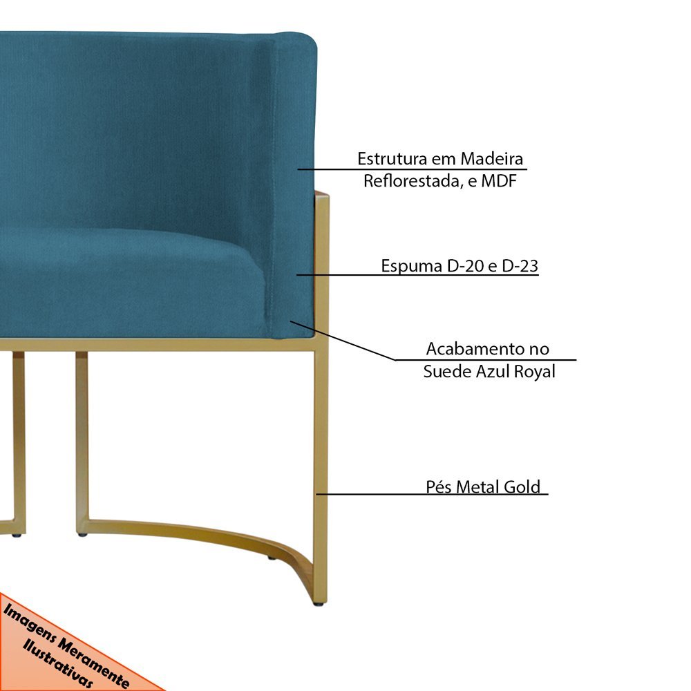 Kit 6 Poltronas Decorativa Sala de Estar Luana Base Gold Suede Azul - Montanaris Decor Md Montanaris - 6