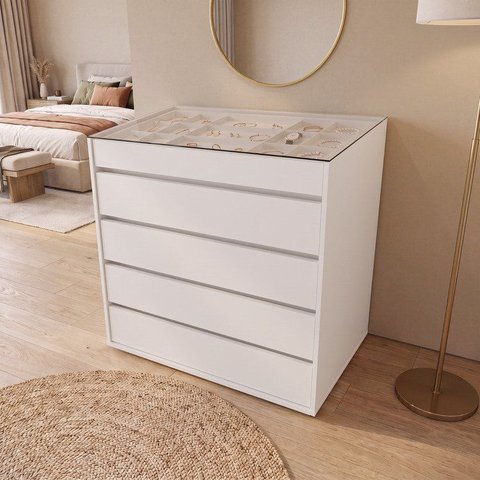 Cômoda 5 Gavetas com Organizador Tampo Vidro Belize Branco
