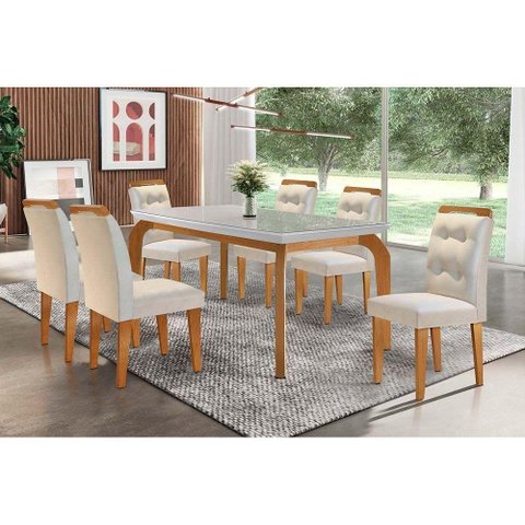 Conjunto: Mesa Sala Jantar Londrina Tampo Madeirado c/ Vidro 180cm + 6 Cadeiras Imperatriz Imbuia/