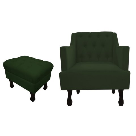 Kit Poltrona Decorativa Julia + Puff Luis Xv Suede Verde Pés Madeira Ms Decor