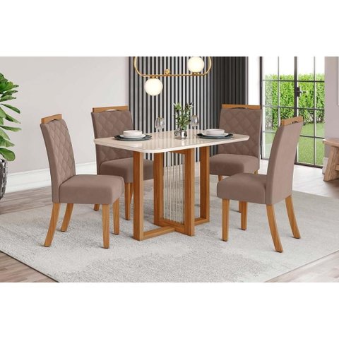 Conjunto: Mesa Sala Jantar Natalí C/ Tampo Madeirado C/ Vidro Curvo 120x80cm e 4 Cadeiras Bella