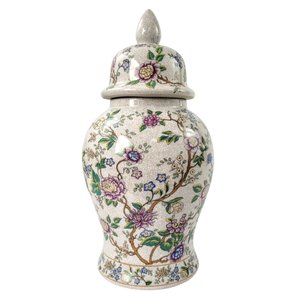 Potiche Porcelana Floral Colorido Craquelê 37cm Decoração
