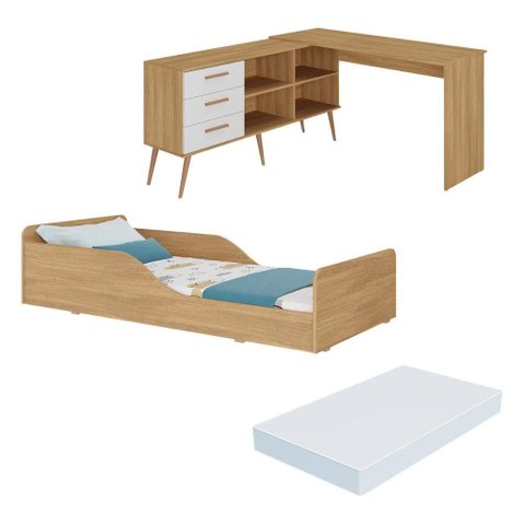 Kit Cama Infantil Montessoriana com Escrivaninha e Colchão Incluso Aura Multimóveis MP4822