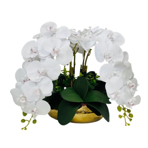 Arranjo e Vaso Espelhado 4 Flor Orquídeas Artificial Dourado
