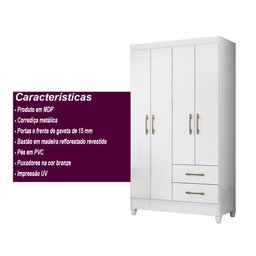 Guarda Roupa Solteiro 4 portas 2 gavetas Branco Chile - Moval - 5