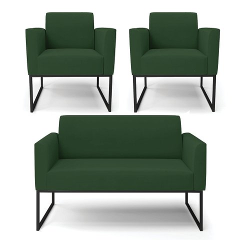 Sofá Namoradeira com 2 Poltronas Base Industrial Preto Marisa Veludo Verde D03 - D'Rossi
