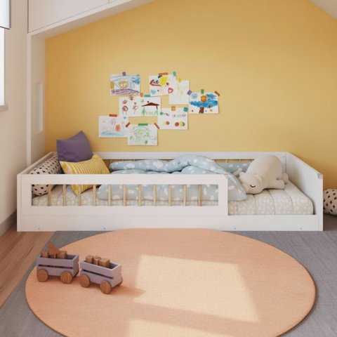 Cama Infantil Solteiro Montessoriana de Chão Afetto com Grades de Proteção Completa Móveis