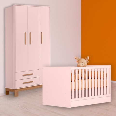 Conjunto Berço Mini Cama e Guarda Roupa Slim 3 Portas 2 Gavetas Rosa