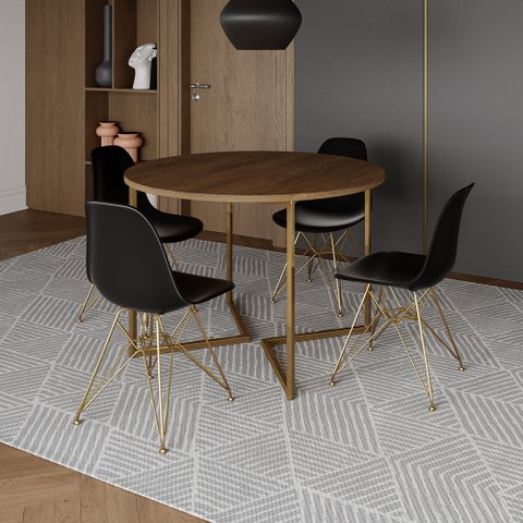 Mesa Jantar Industrial Redonda 110cm Amêndoa Base V com 4 Cadeiras Eames Eiffel Pretas Base Dourada
