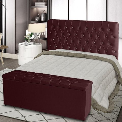 Kit Cabeceira de Cama Box e Calçadeira Baú Paris Queen 160 Cm Capitonê Courino Bordo Eli Móveis