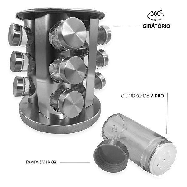 Suporte de Aço Inox para Temperos com 12 Potes de Vidro Base Giratória Compacta - 3