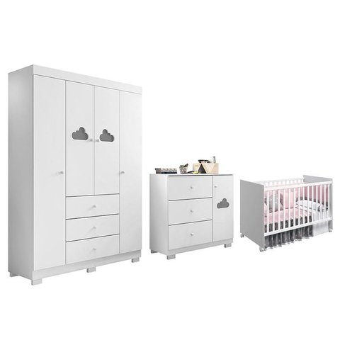Dormitório Infantil Ane Guarda Roupa, Cômoda e Berço Mel Branco - Phoenix Baby
