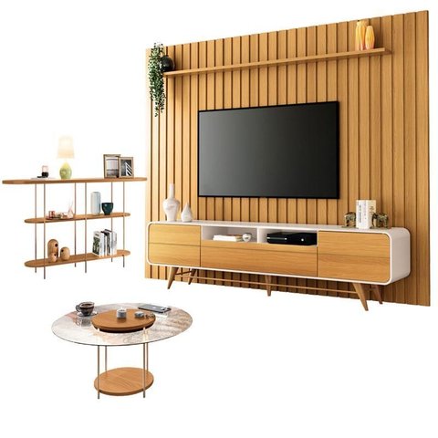 Rack Bancada Época com Painel Ripado You 2.7 com Mesa de Centro Sky com Tampo de Vidro e Aparador In