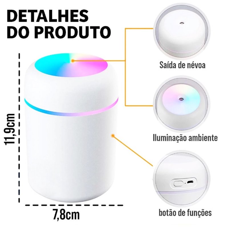 Umidificador de Ar Portátil Usb com Luz Led Colorido 300ml - 18