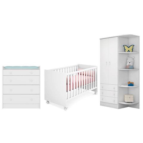 Quarto Infantil Guarda Roupa, Cômoda Trocador e Berço Mini Cama Americano Branco – Qmovi