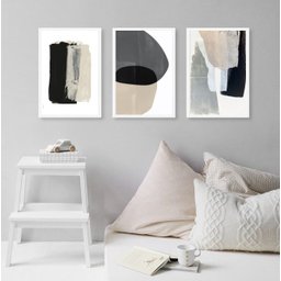 Kit 3 Quadros Abstratos para Sala- Cinza Bege e Preto 33x24cm:madeira Preta - 2