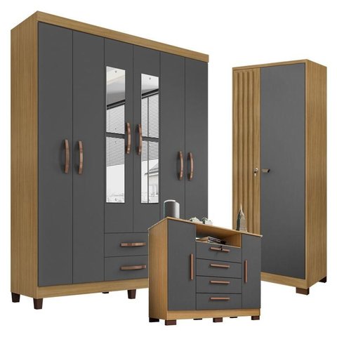Guarda Roupa Casal Modena com Espelho 6 Portas e Cômoda Madri Armário Multiuso Versatile Carvalho Am
