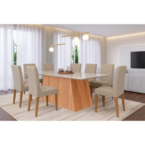 Sala de Jantar Completa Helena Tampo Madeirado C/ Vidro 210x100cm e 8 Cadeiras Maia Cinamomo/off
