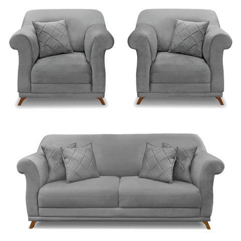 Kit 2 Poltronas e Sofá Living 2 Lugares 1,80m Vênus Veludo Pés Castanho - Pallazio - Cinza Grafite